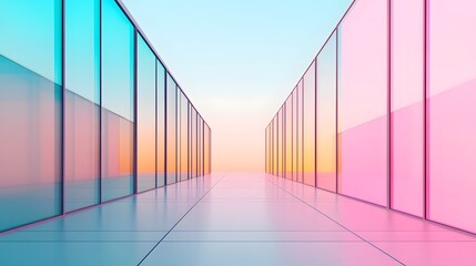 Obraz premium Vibrant Pastel-Hued Futuristic Glass Corridor with Seamless Architectural Design