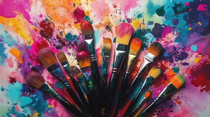 Colorful Paintbrushes on Vibrant Abstract Canvas