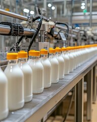 Fototapeta premium A production line of filled milk bottles showcases an efficient manufacturing process in a modern dairy facility.