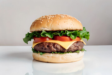 Steak Burger with Cheese Sauce and French Fries, Burger with beef