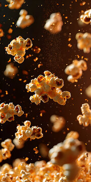 Indulge in Delicious Gourmet Popcorn: Fluffy, Crunchy, and Golden Snack Treats for Movie Parties and Snack Time Fun with Crispy Kernels, Savory and Sweet Flavors on a Dark Background