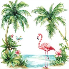 Obraz premium Tropical paradise scene with flamingo, palm trees, butterflies, and lush vegetation on a serene beach background