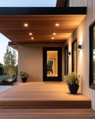 Fototapeta premium A modern entrance featuring a wooden deck, sleek lighting, and planters, creating a welcoming atmosphere.