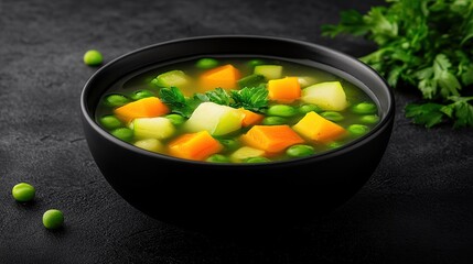 Delicious vegetable soup, dark bowl, herbs,  rustic table, healthy recipe