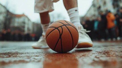 Naklejka premium Basketball Player Dribbling Ball on Wet Outdoor Court in Urban Environment