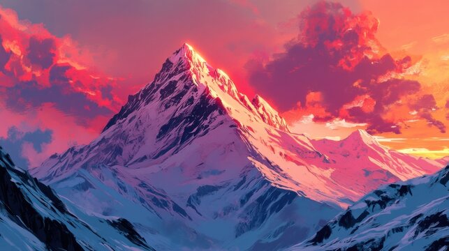Crimson Sunset over Majestic Snowy Peaks