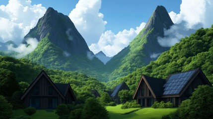 Obraz premium Serene Mountain Landscape with Eco-Friendly Homes in Lush Green Valley