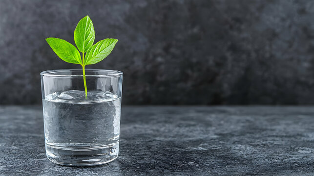 Sprout in water glass on dark background, new life concept, stock photo