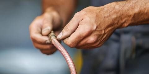 Fototapeta premium Hands Connecting Hose with Tool in Workshop Environment