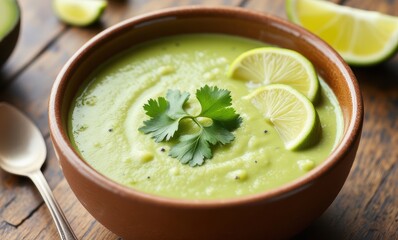 Fresh green soup with lime and cilantro