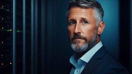 Fototapeta premium Confident Businessman Posing in Server Room with Technology Background