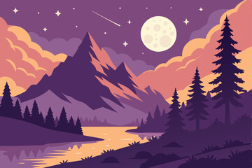 Fototapeta premium Fantasy landscape, majestic mountains, full moon, vibrant sky, colorful clouds, starry night, reflective lake, pine trees, mystical forest, glowing light, dreamlike scenery, purple and orange hues, se