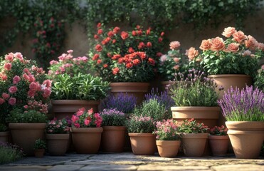 Assortment of Flower Pots with Beautifully Arranged Flowers and Plants