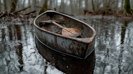 Fototapeta premium Abandoned boat in swampy forest, reflecting trees