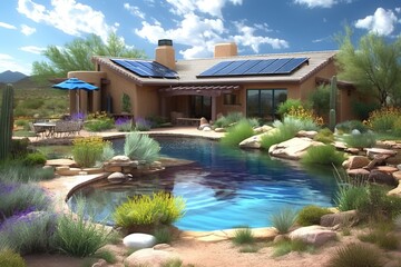 Obraz premium Desert Home with Solar Panels and Pool