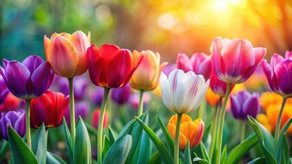 Fresh Spring tulip flowers in a row with vibrant colors and delicate petals, garden scene