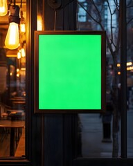 A blank green sign outside a cafe, illuminated by warm lights in the evening.