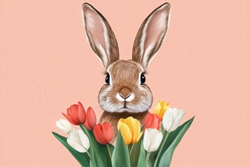 Obraz premium Cute Rabbit Surrounded by Colorful Tulips on a Peach Background for Spring Season