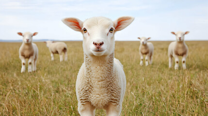 Obraz premium Lamb stares, sheep graze, grassy field, rural scene, idyllic farm