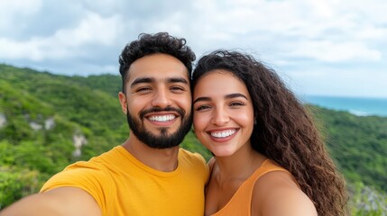 Obraz premium Joyful couple taking selfie in nature with vibrant greenery and ocean backdrop