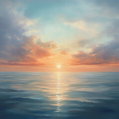 Obraz premium Serene Sunset Seascape: A breathtaking sunset paints the sky with vibrant hues of orange and pink, reflecting on the calm ocean waters. The scene evokes a sense of tranquility and peace. 