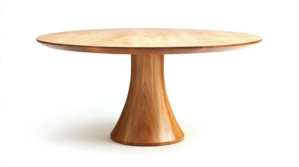 A wooden circular table with a pedestal base, isolated on a white background, perfect for dining or meeting
