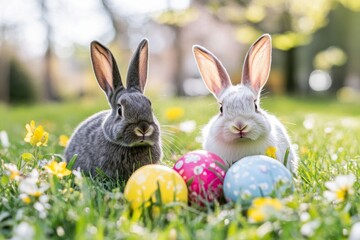 Two bunnies in the green grass with colorful Easter eggs