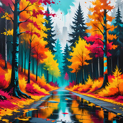 Graffiti-Styled Autumn Forest: Fiery Colors & Street Art Textures