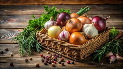 Onions layered in a wooden basket with various herbs and spices , fragrant bunches