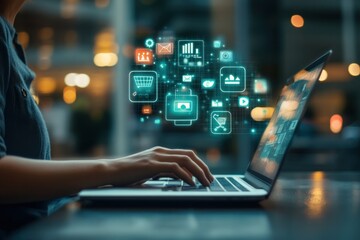 Woman using laptop, e-commerce icons.