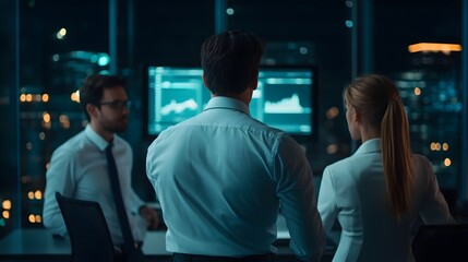 Corporate Team Analyzing Holographic Legal Document in Modern Office Setting