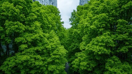 Lush Green Trees Framing Urban Landscape in Spring