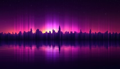 Cityscape reflected in water at sunset with vibrant colors