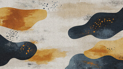Obraz premium Abstract textured background with organic shapes in earthy tones of ochre, beige, and dark blue, accented by splatters and rough details