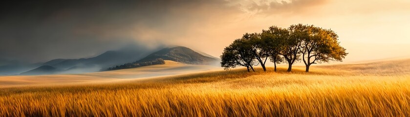 Fototapeta premium Serene Sunrise: Golden field, three trees, misty mountains. Breathtaking!