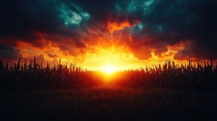 Fototapeta premium Dramatic sunset over cornfield, fiery sky