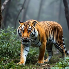 Obraz premium A tiger walks in a misty forest with sharp black and orange stripes detailed.