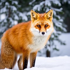 Obraz premium A red fox stands on the snow with a snow-covered tree in the background.