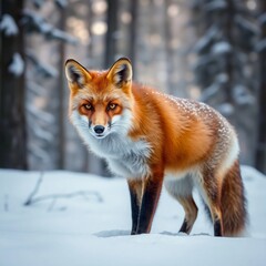 Obraz premium A red fox stands on the snow in a snowy forest. The fox's fur looks thick and orange in color with a white tail tip.