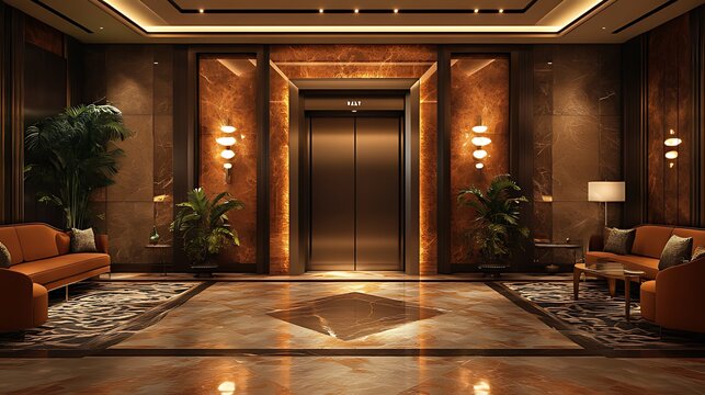 Luxurious hotel lobby elevator night interior design
