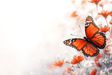 A Monarch butterfly gracefully lands on delicate orange and white flowers, creating a breathtaking scene of natural beauty.