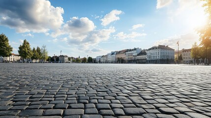 Cobblestone square with old buildings under a blue sky in European City