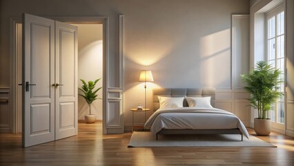Bedroom interior with open door and lamp, interior design, serene surroundings