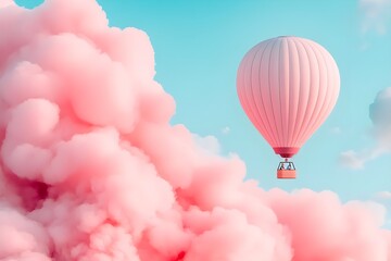 Fototapeta premium A whimsical hot air balloon floats serenely amidst cotton candy clouds, a dreamy escape.