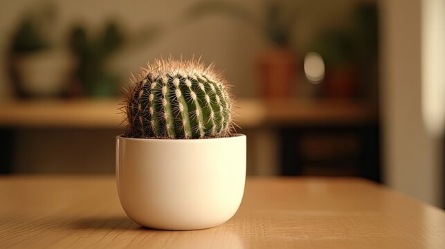 Close up shot of a small round cactus in a white pot on a wooden table