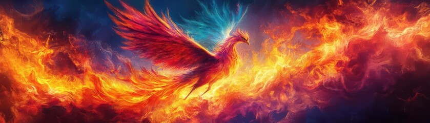 Fototapeta premium A majestic phoenix rising from vibrant flames, feathers shimmering with iridescent colors, fiery details blazing in a mystical, otherworldly ambiance, digital photorealism