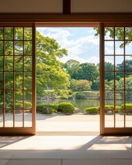 A serene view of a garden through a wooden sliding door, showcasing lush greenery and a peaceful lake under a bright sky.