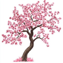 Delicate cherry blossom tree with vibrant pink flowers and twisted trunk on a serene background