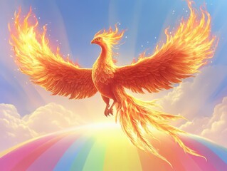 Obraz premium A majestic phoenix with flames radiating from its feathers, soaring above a vivid rainbow, mythical, digital illustration