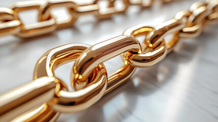 Fototapeta premium Golden metallic chain links on a reflective marble background